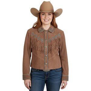NWT Bob Mackie Womens S Western Suede Leather Fringe Jacket Aztec Wearable Art